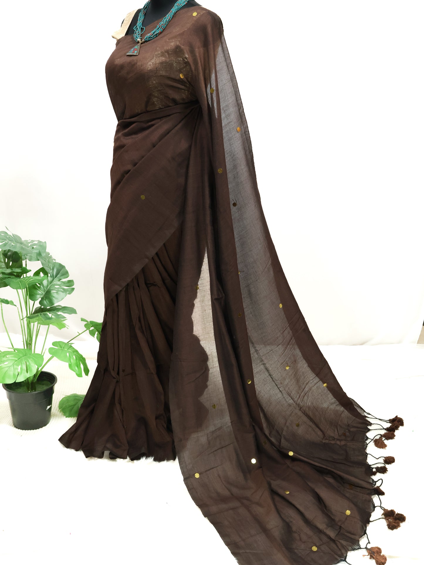 Chocolate brown Khadi gini cotton saree-S122