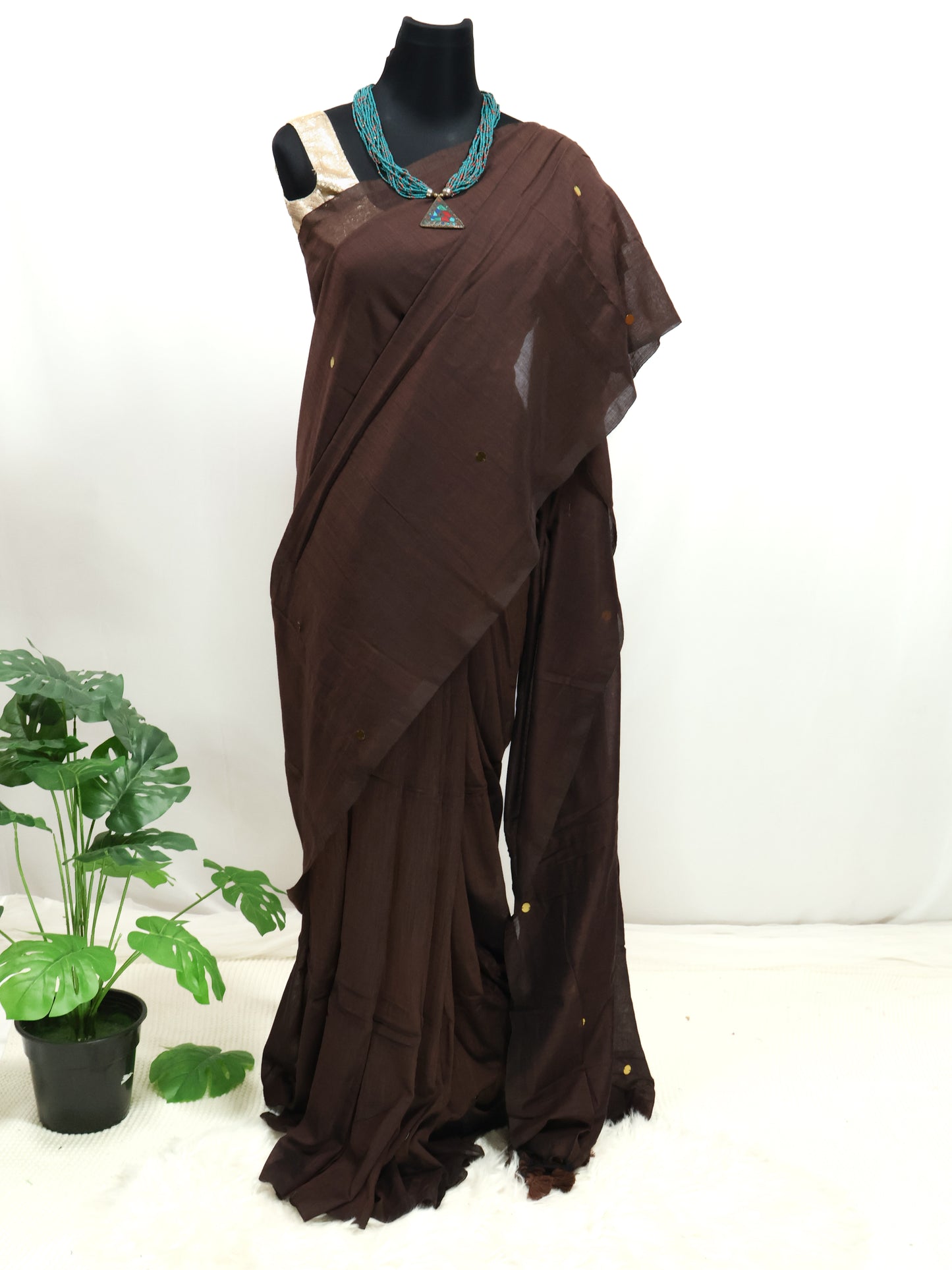 Chocolate brown Khadi gini cotton saree-S122