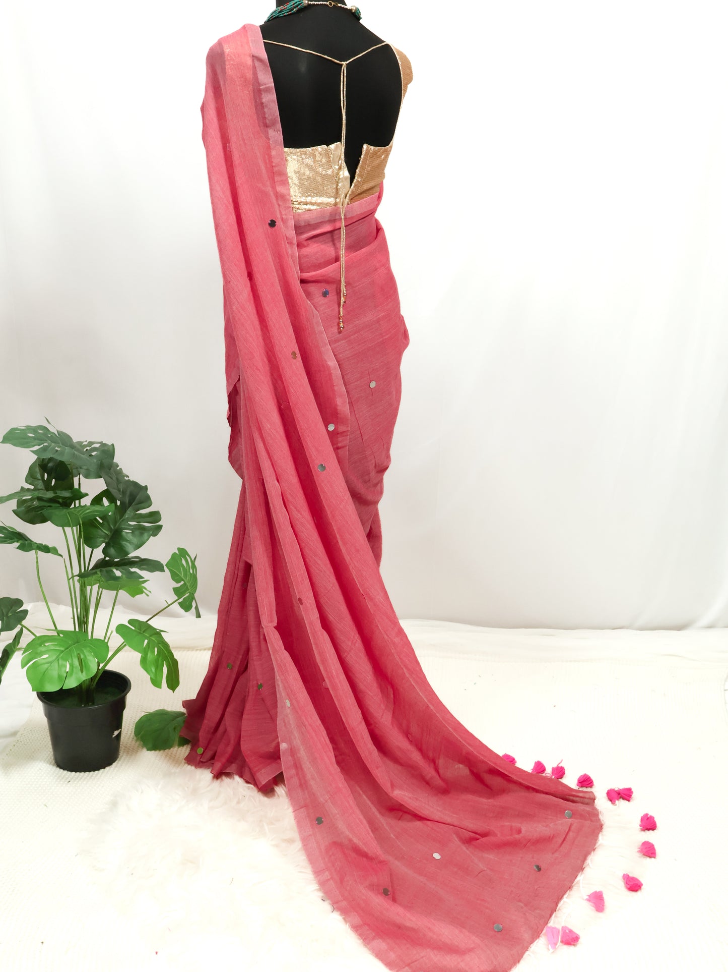 Pink Khadi gini cotton saree-S121
