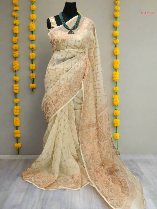 Off white Soft Bengal Dhakai silk saree -S128