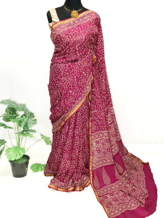 Pink block print jaipuri cotton saree-S163