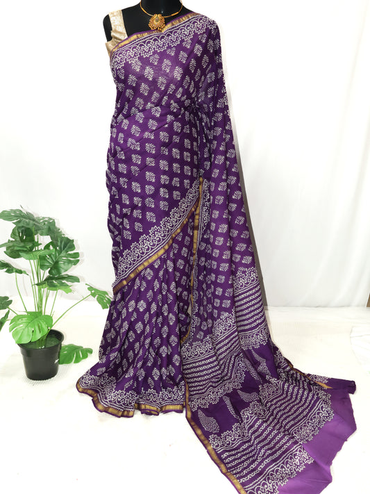 Purple block print jaipuri cotton saree-S162