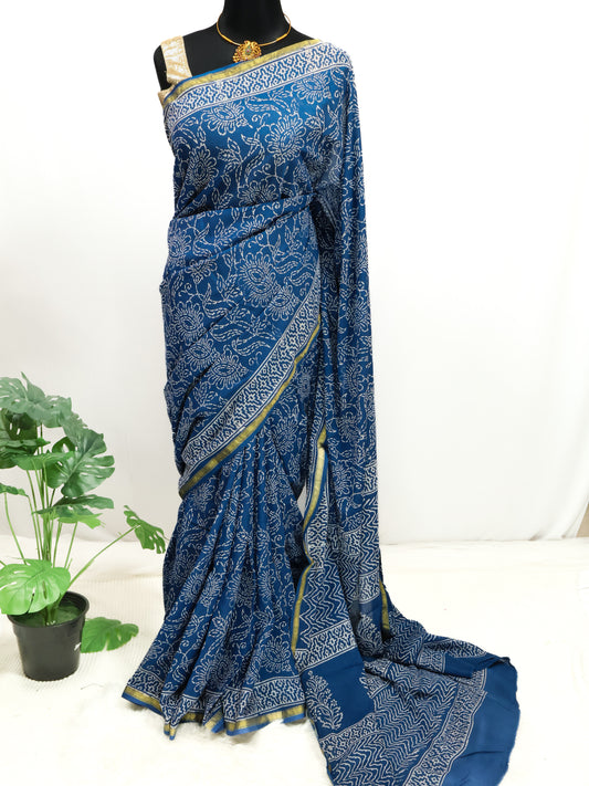 Indigo blue block print jaipuri cotton saree-S160