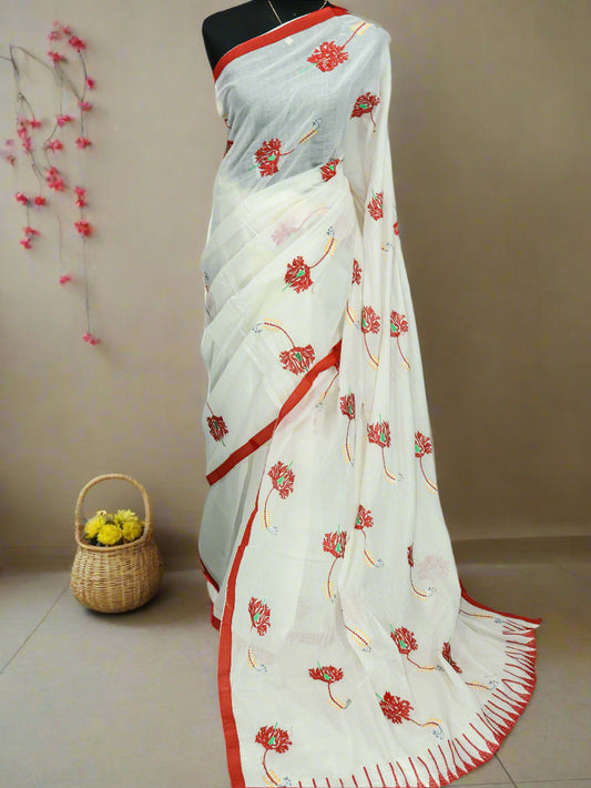 Off white embroidered cotton saree-S143