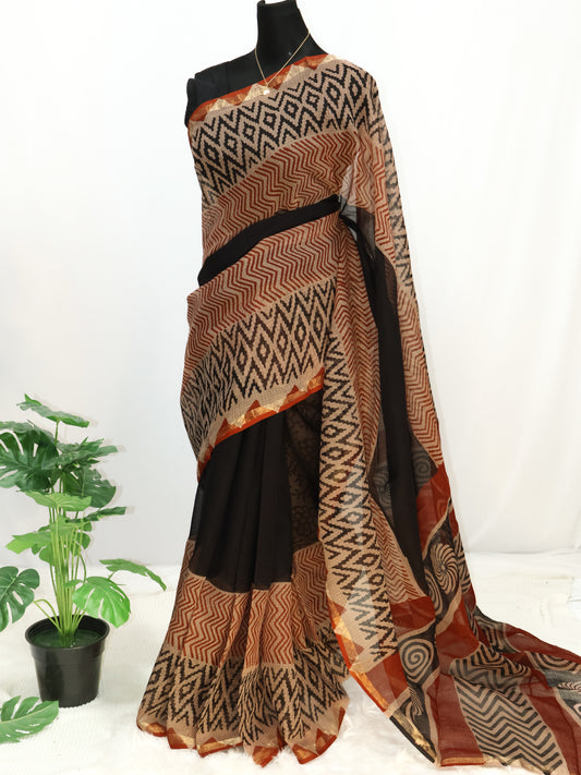 Kota doria bagru print cotton saree-S168(b)