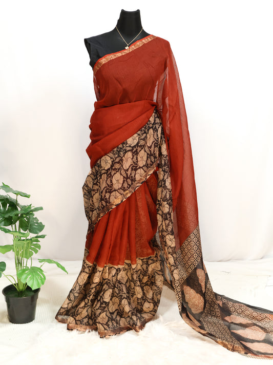 Kota doria bagru print cotton saree-S169(a)