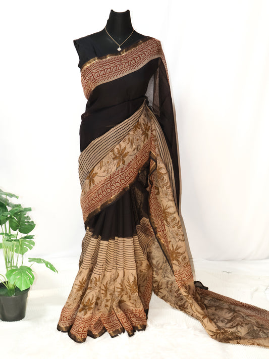 Kota doria bagru print cotton saree-S168(a)