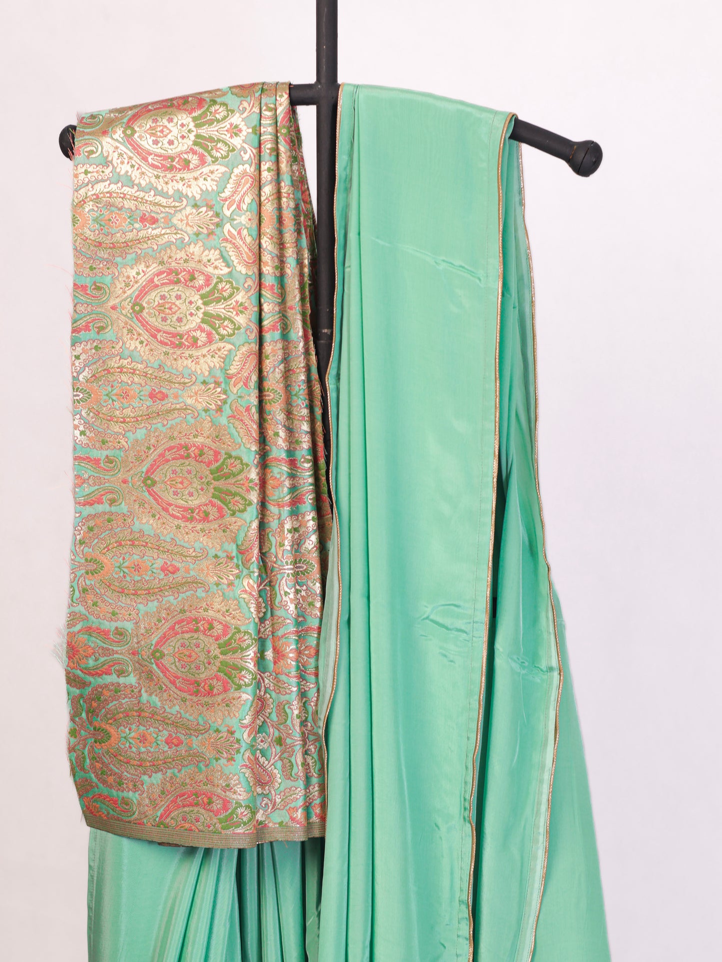 Sea green Crepe silk Saree with brocade blouse