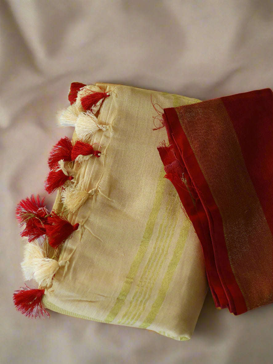 Cotton linen Coral & red saree-S132