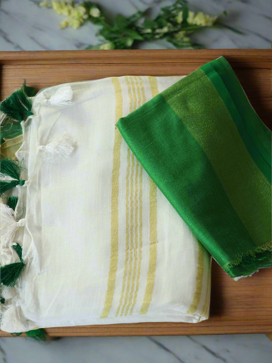 Cotton linen green & white saree-S131