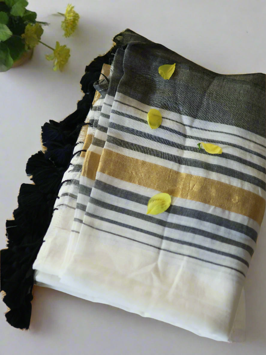 Off white & ash color mul cotton saree-S212
