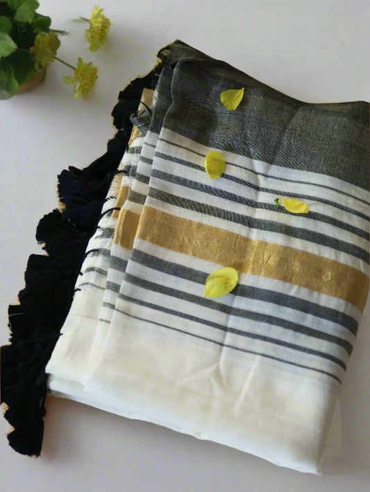 Off white & ash color mul cotton saree-S212