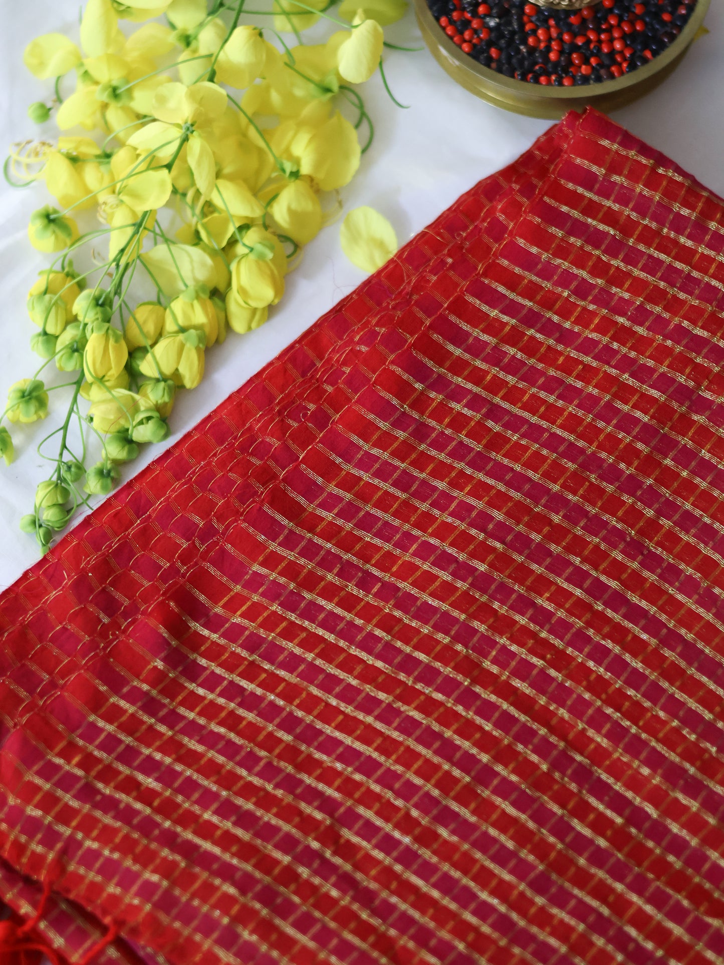 Red-rani pink-golden zari small box woven mul cotton saree-S202