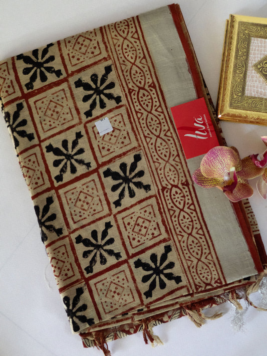 Bagru/dabu printed Linen-cotton saree-S151(E)