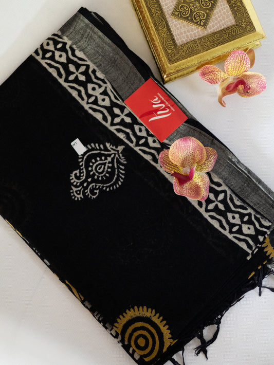 Bagru/dabu printed Linen-cotton saree-S153(C)