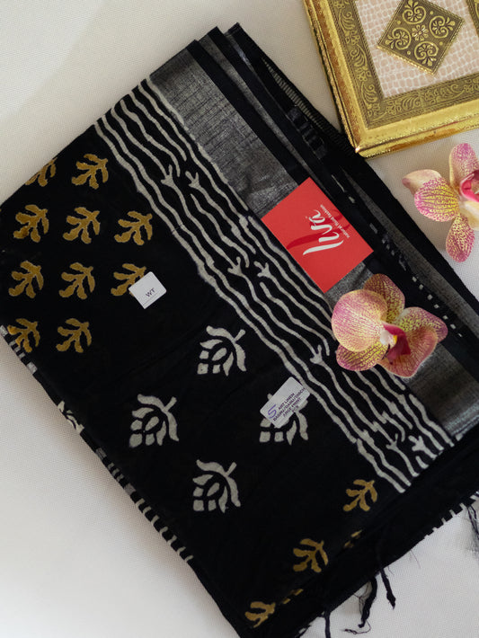 Bagru/dabu printed Linen-cotton saree-S153(E)
