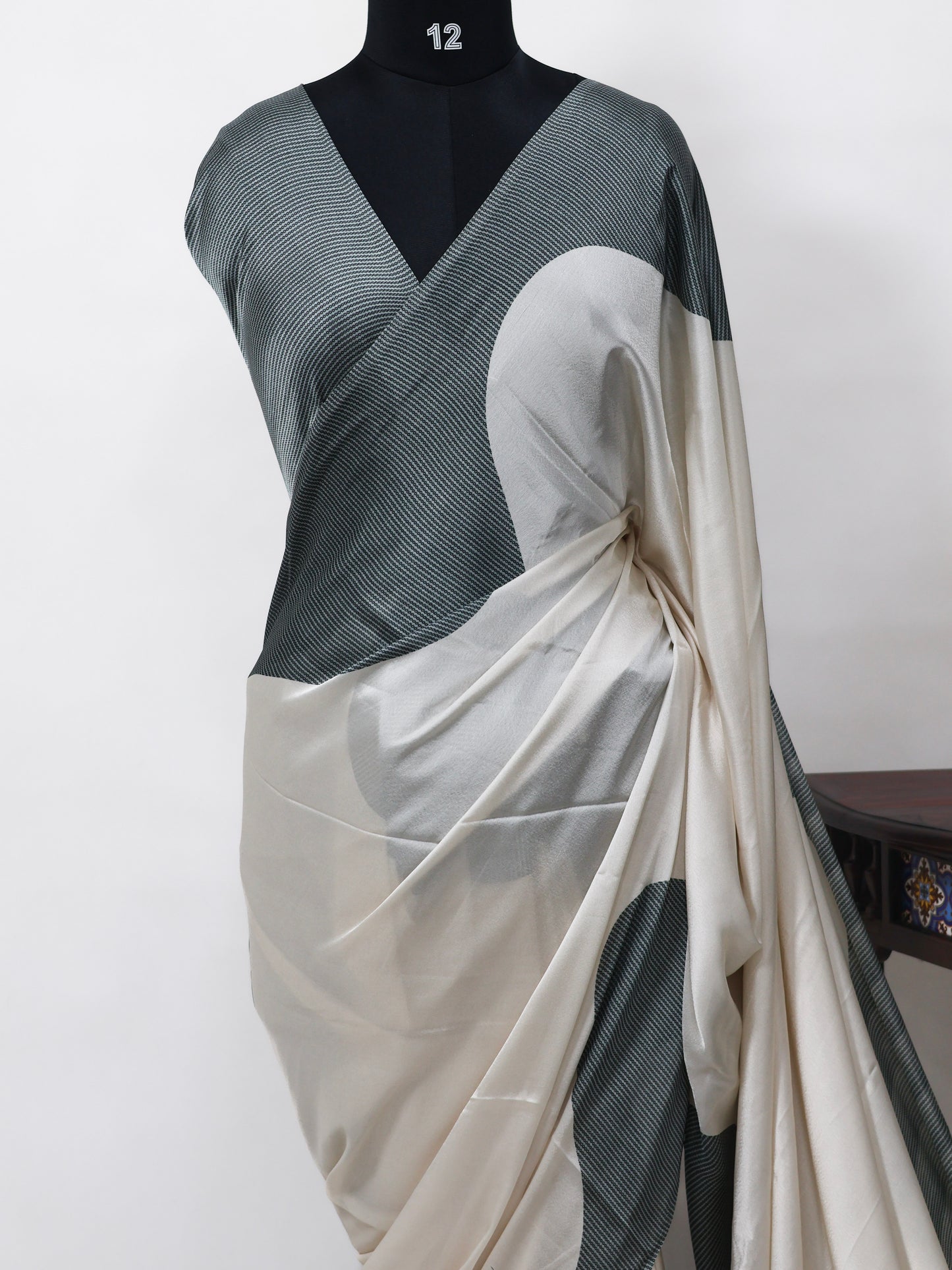 Satin silk saree off white -S248