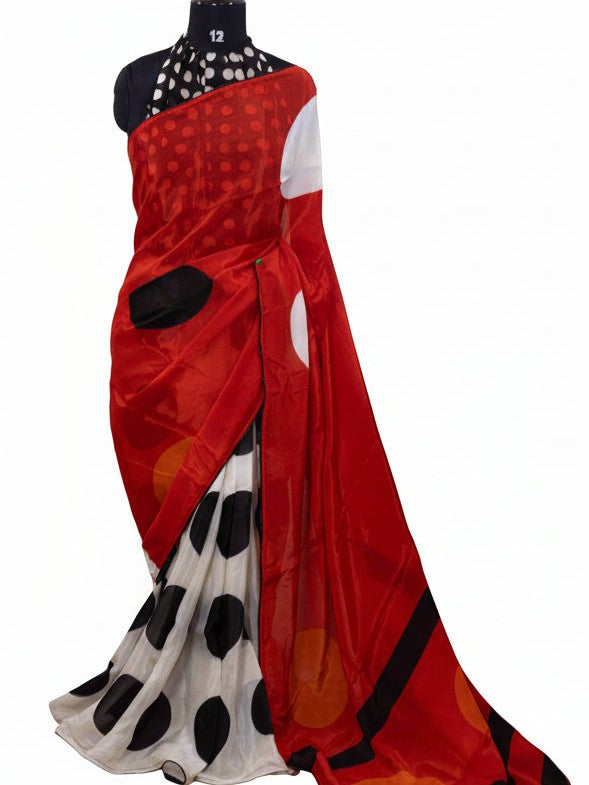 Polka Whisper – Glass Organza Saree with Digital Polka Print & Black Piping