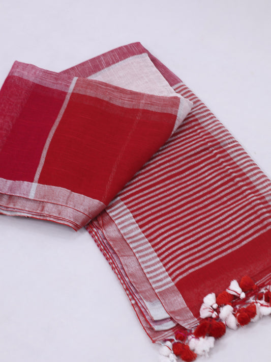 Red & pink silver box linen saree-S222