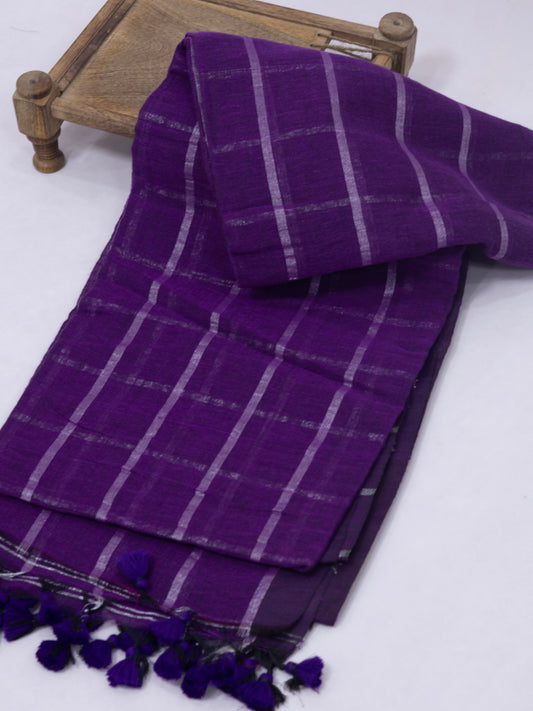 Purple silver box linen saree-S221