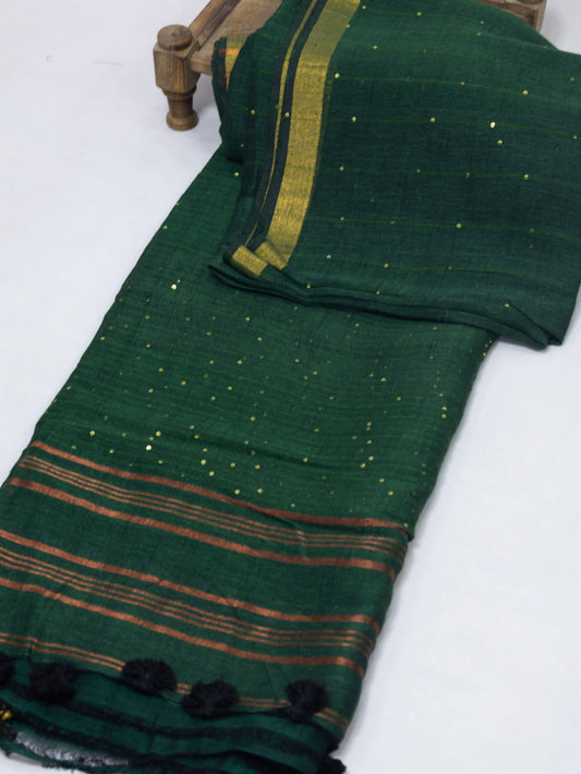 Bottle green sequence pure linen saree-S218