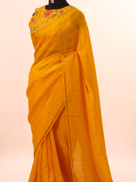 Golden Whisper – Yellow Viscose Organza Silk Saree with Zari Checks