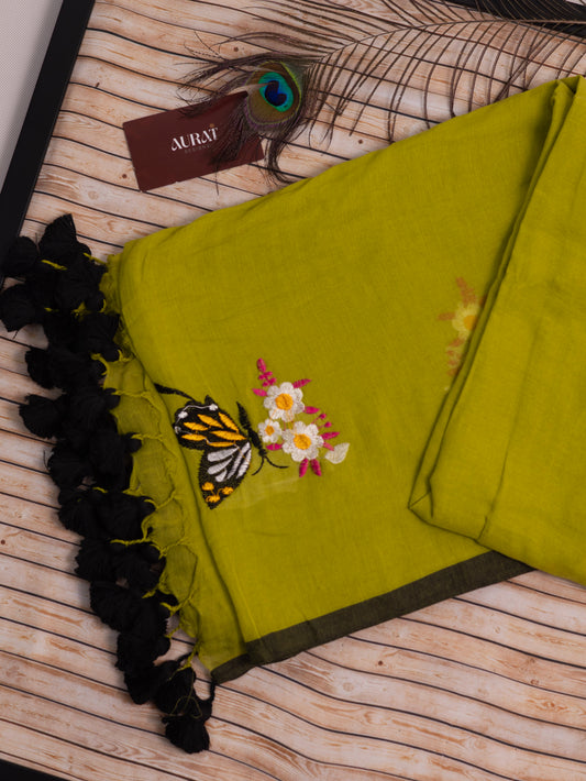 Butterfly embroidered green mul cotton saree-S183