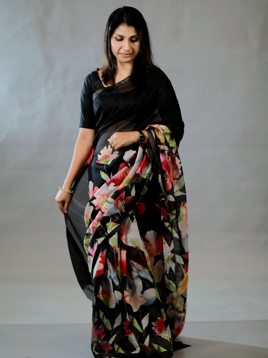 Semi linen black saree- S109