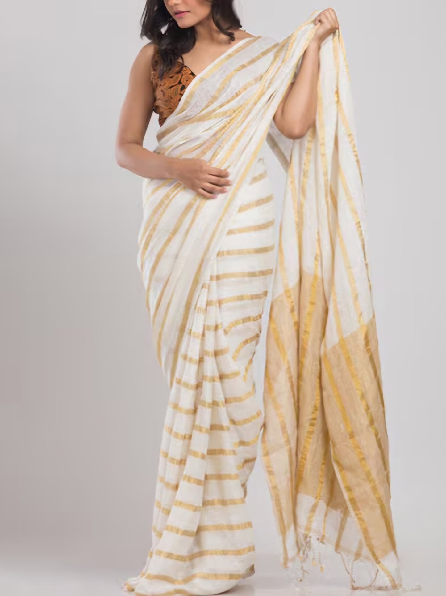 Off white golden lines Pure linen saree- S127