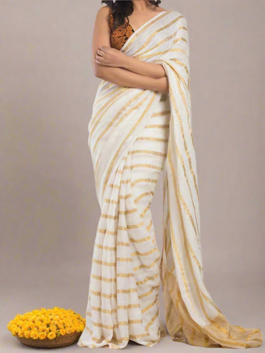 Off white golden lines Pure linen silk saree- S127