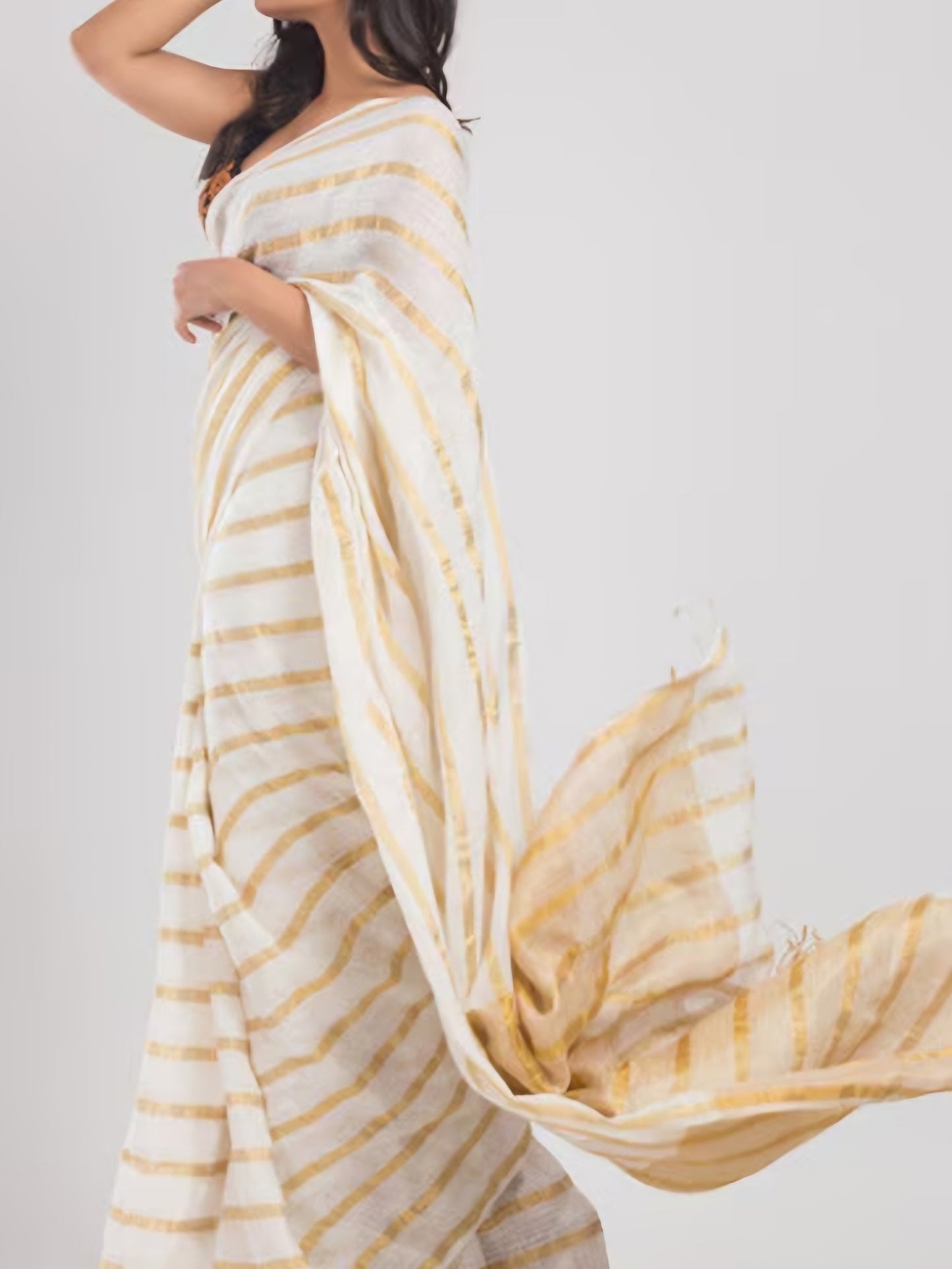 Off white golden lines Pure linen saree- S127