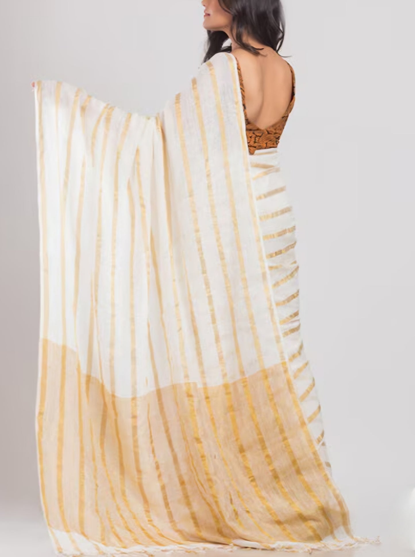 Off white golden lines Pure linen saree- S127