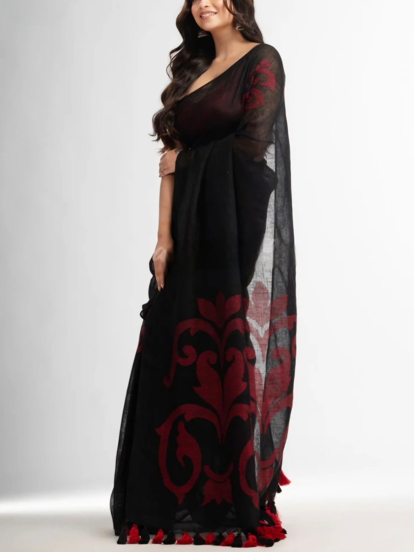 Black jamdani Pure linen saree- S126