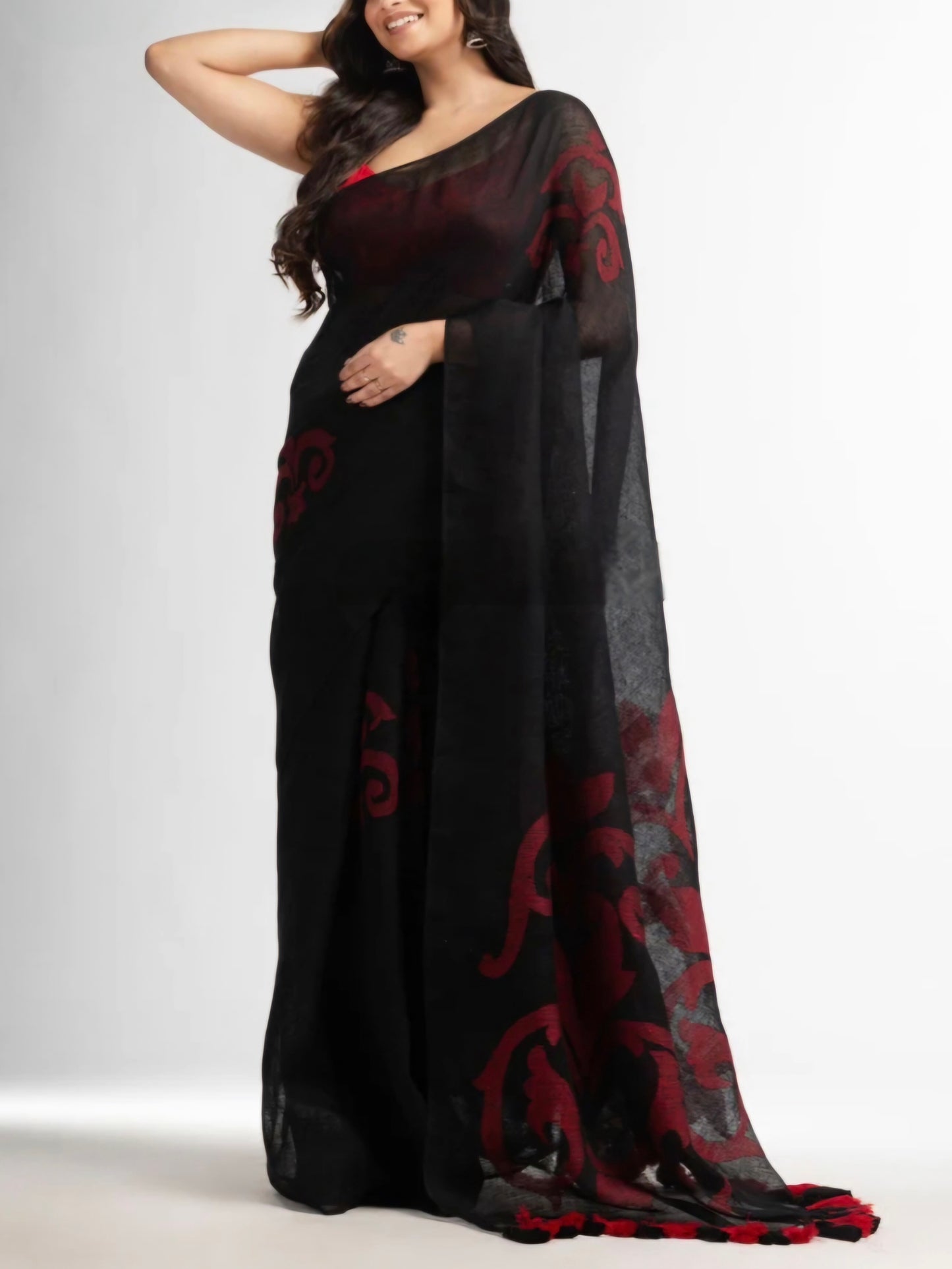Black jamdani Pure linen saree- S126