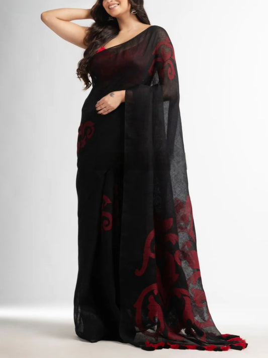 Black jamdani  Pure linen saree- S126