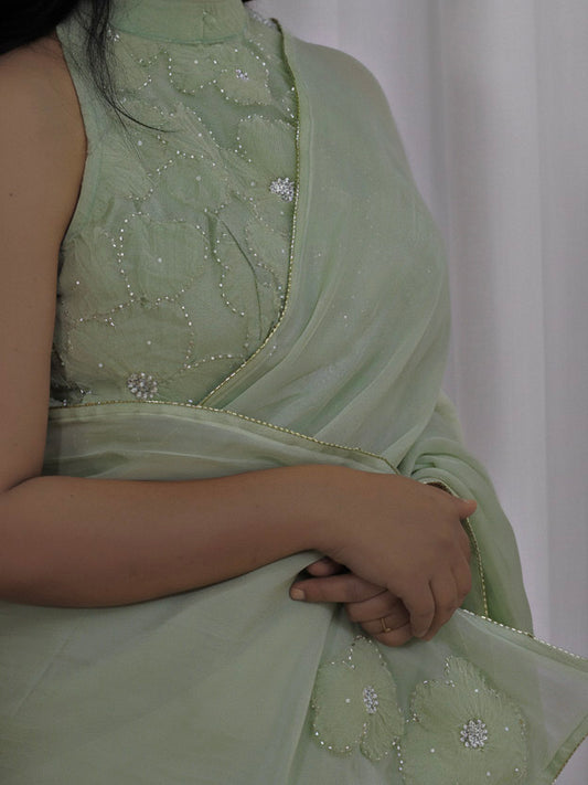 Whispered Grace – Mint Green Pure Organza Silk Saree