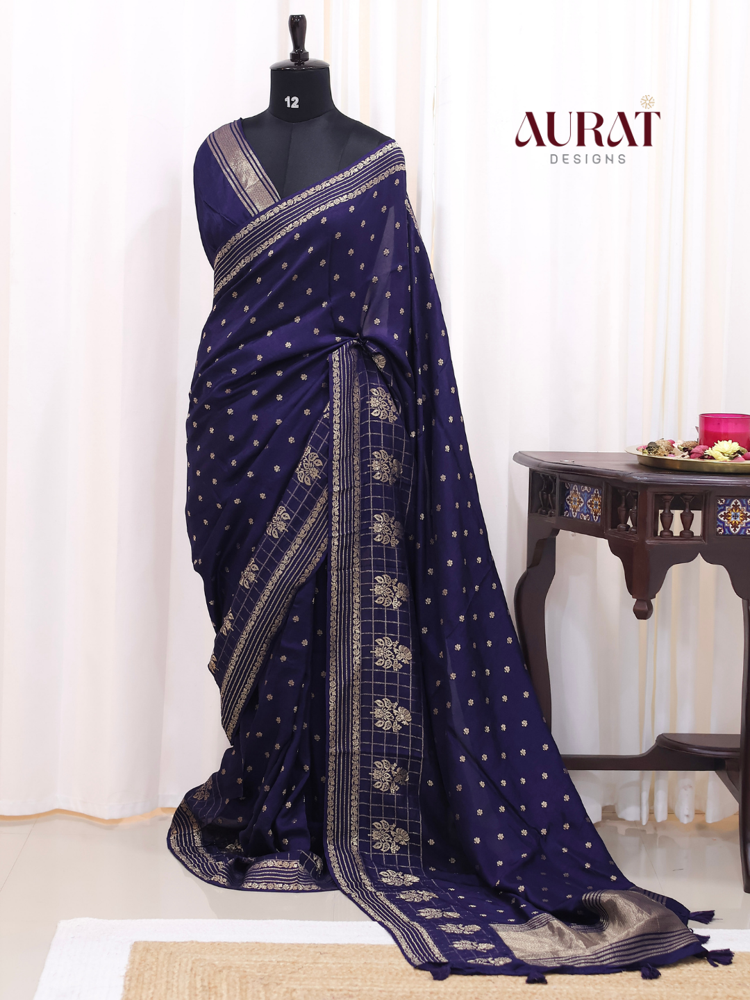 Regal Whisper – Dark blue Dola Silk Saree with Golden Zari Butas
