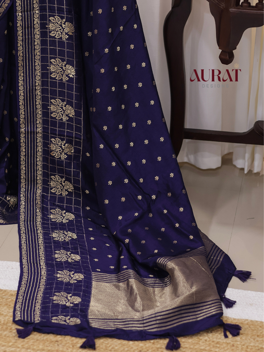 Regal Whisper – Dark blue Dola Silk Saree with Golden Zari Butas