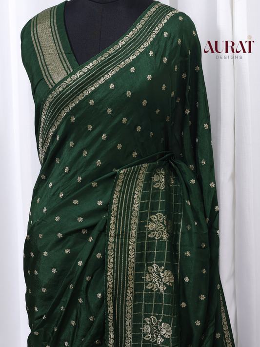 Regal Whisper – Bottle green Dola Silk Saree with Golden Zari Bhutas