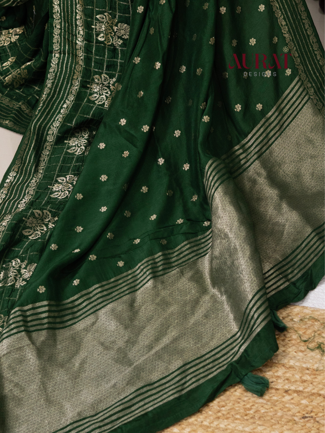 Regal Whisper – Bottle green Dola Silk Saree with Golden Zari Bhutas