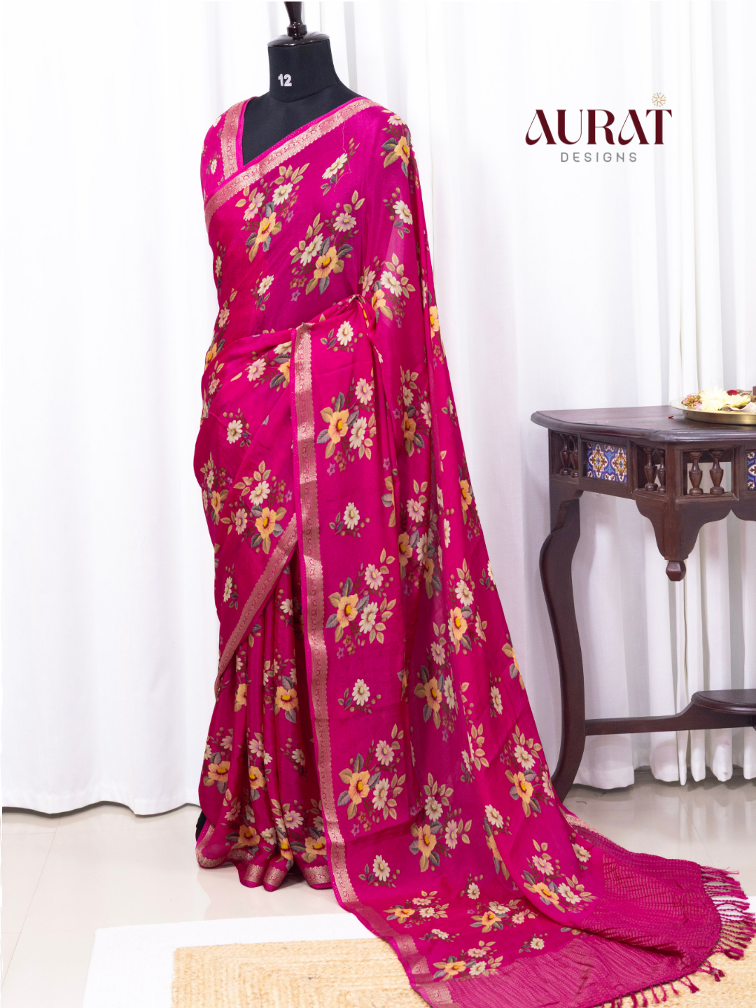 Chinon silk saree rani pink -S251