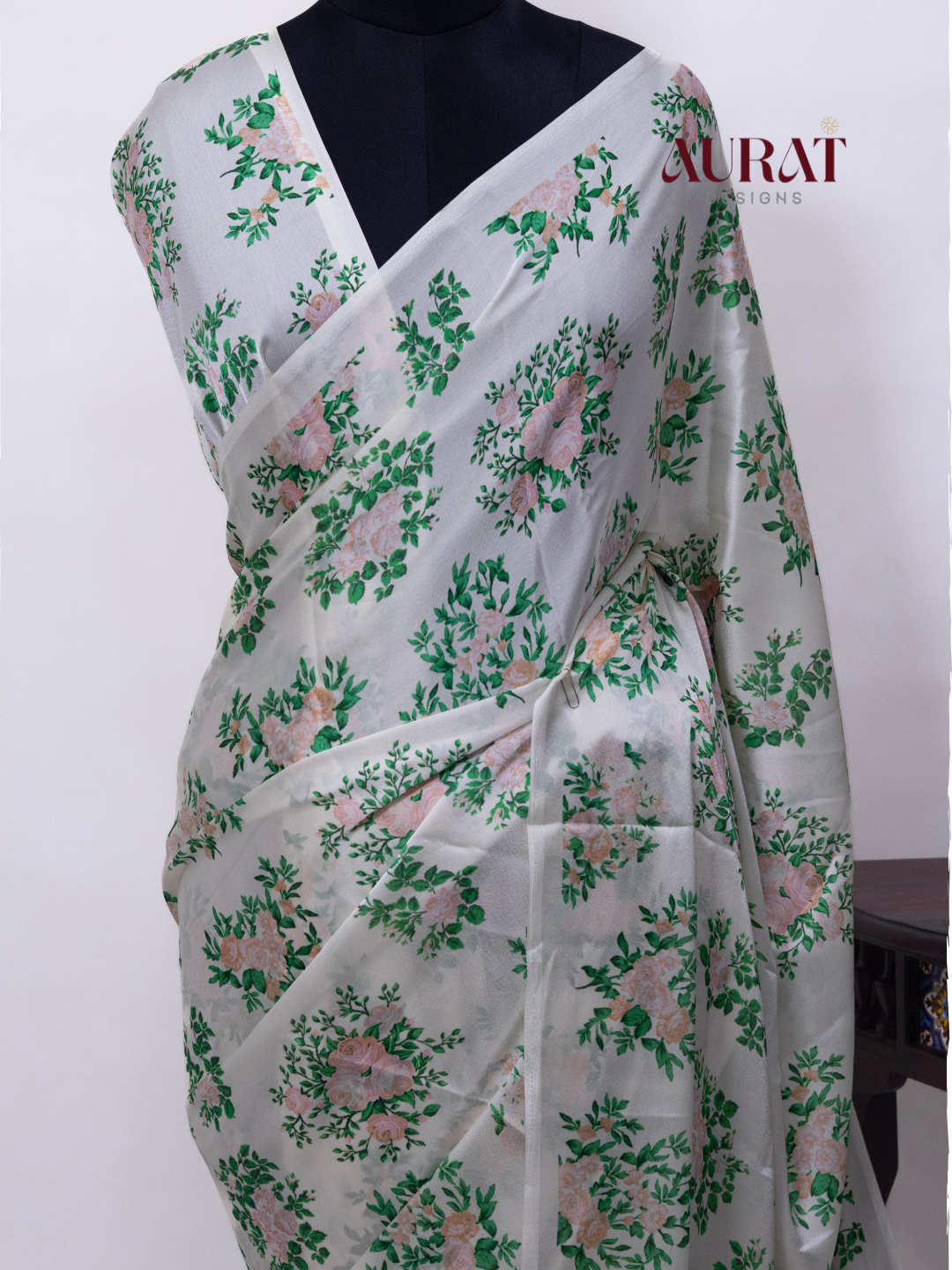 Satin silk saree off white -S247