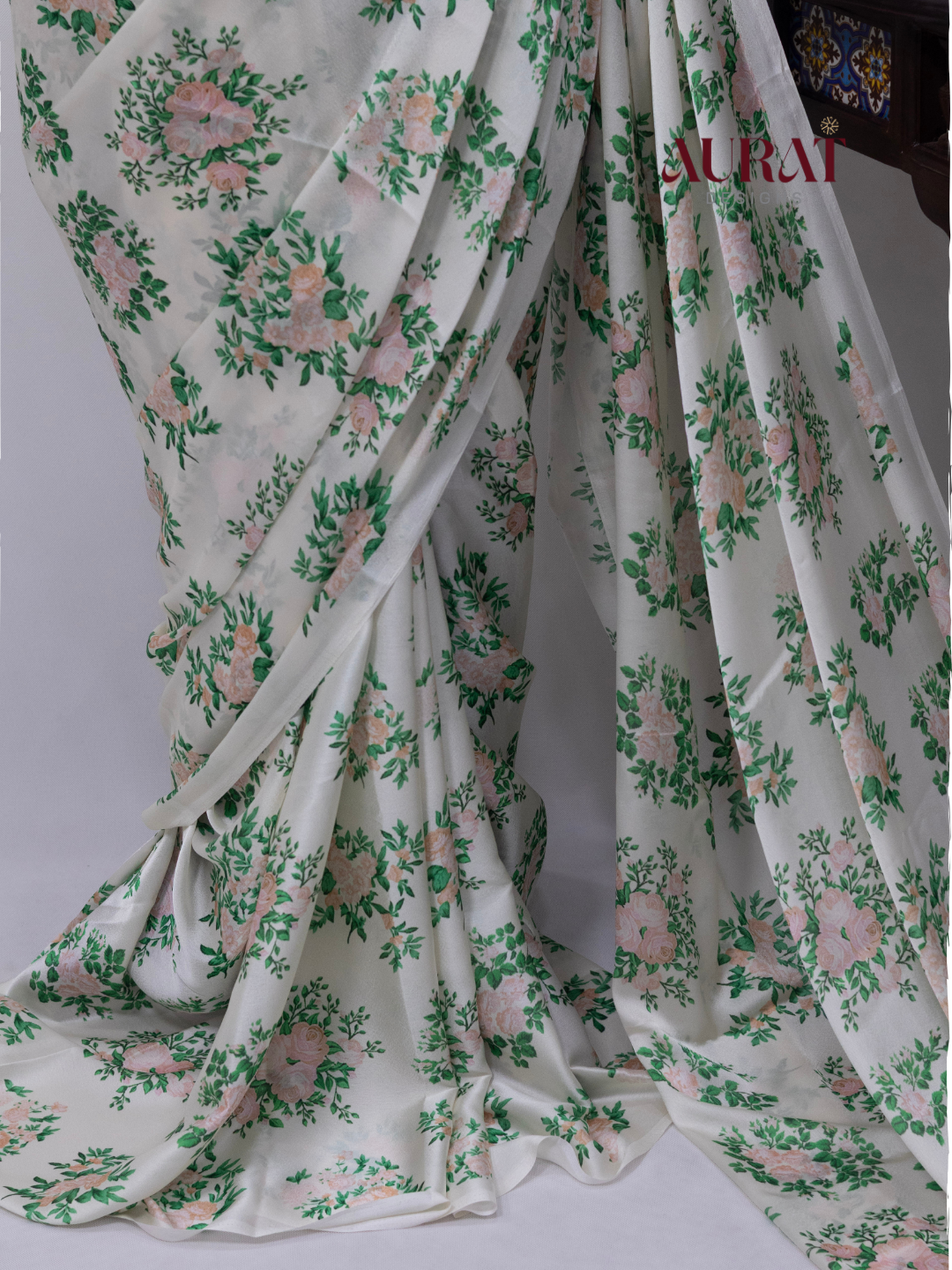 Satin silk saree off white -S247