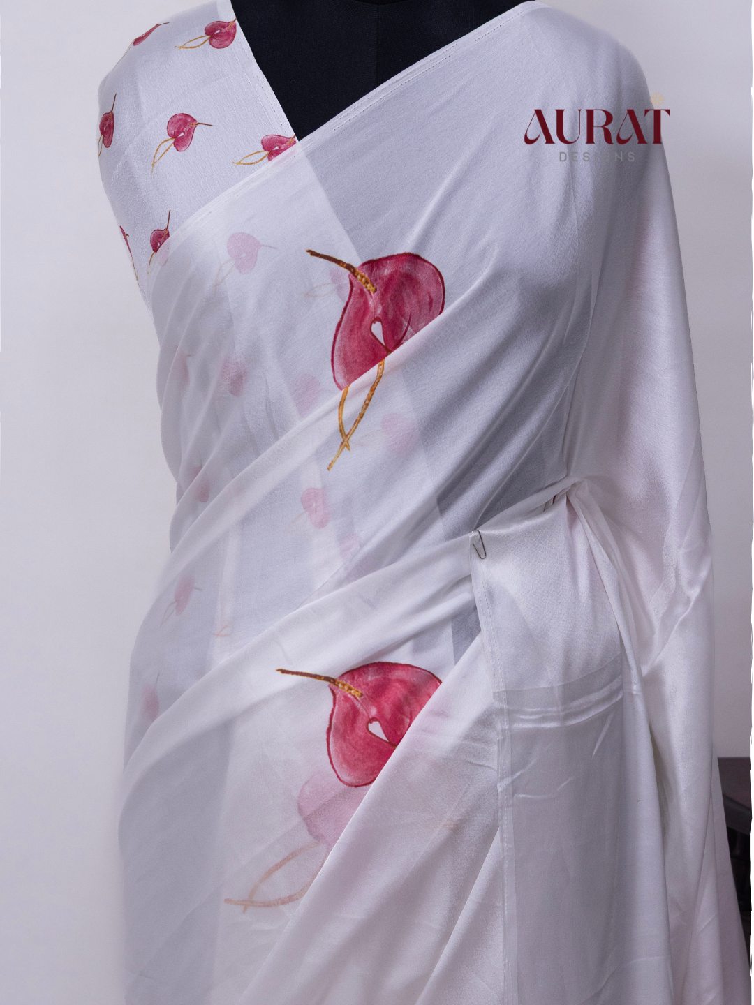 Satin silk saree off white -S249