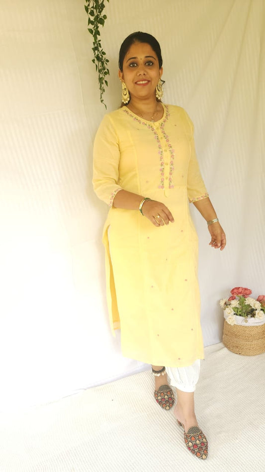 Light yellow mul cotton kurti pant set