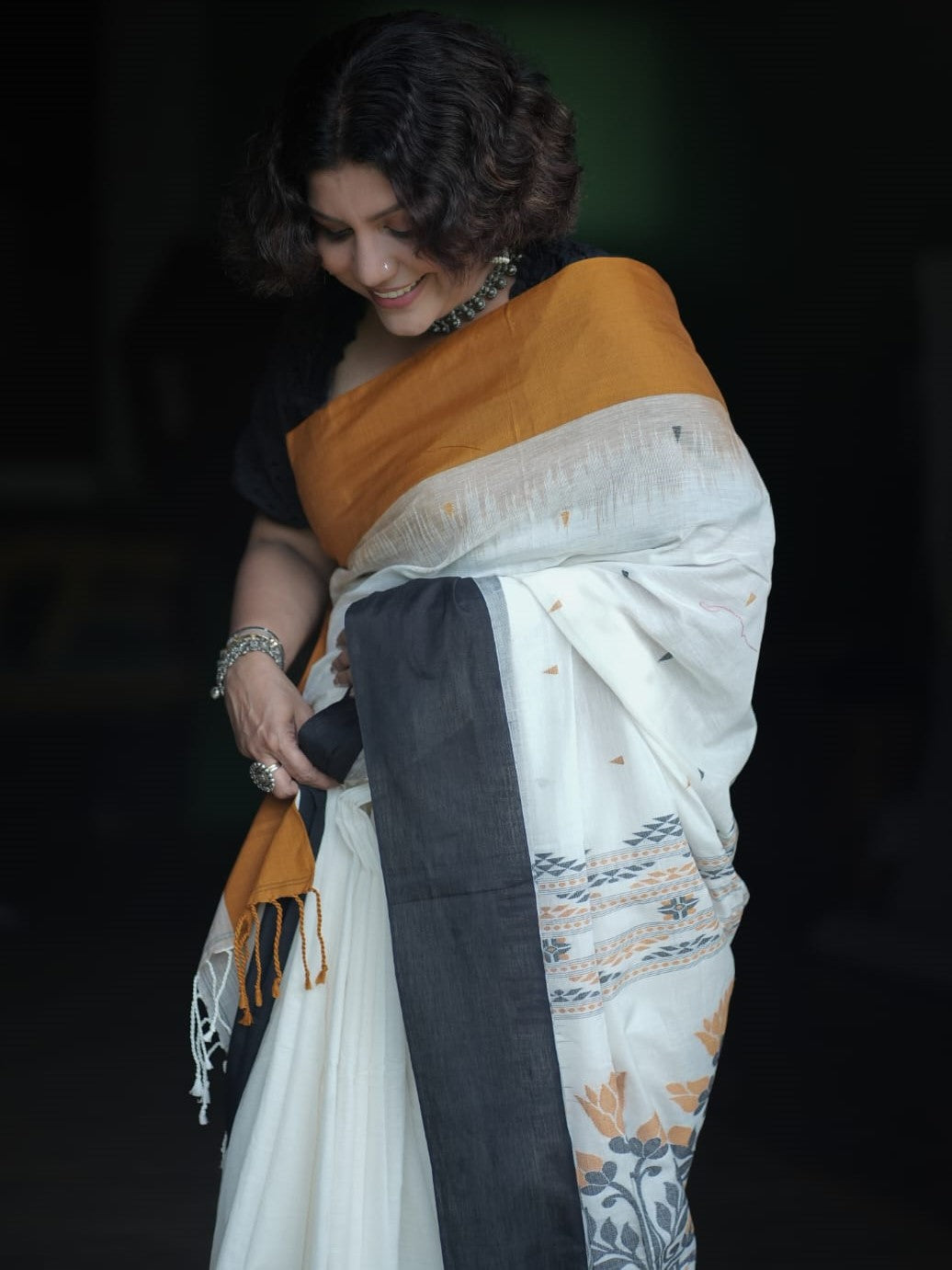 Premium khadi mustard and black cotton saree-S112