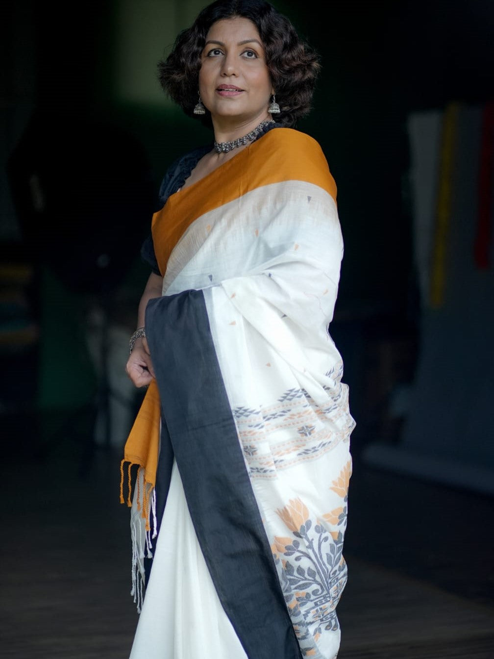 Premium khadi mustard and black cotton saree-S112