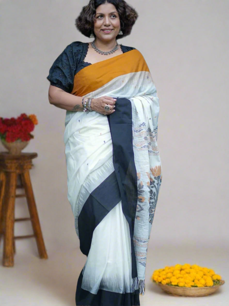 Premium khadi mustard and black cotton saree-S112