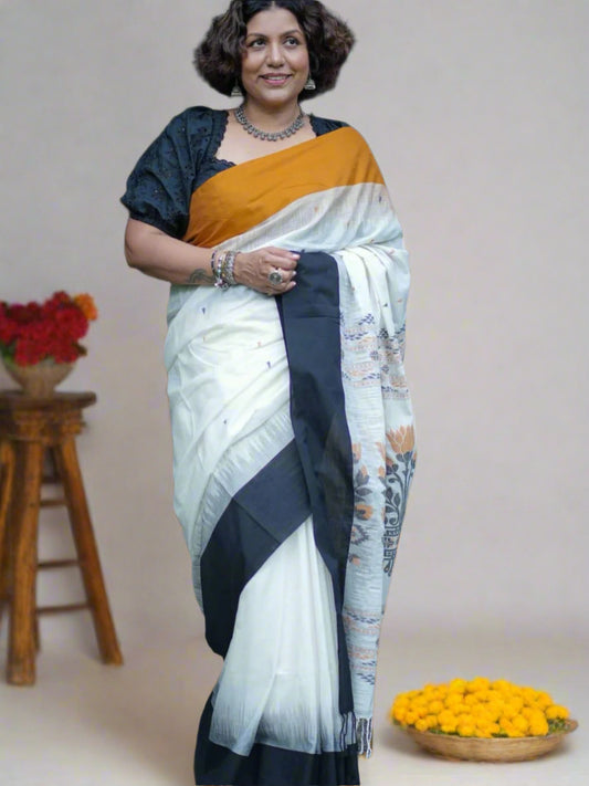 Premium khadi mustard and black cotton saree-S112