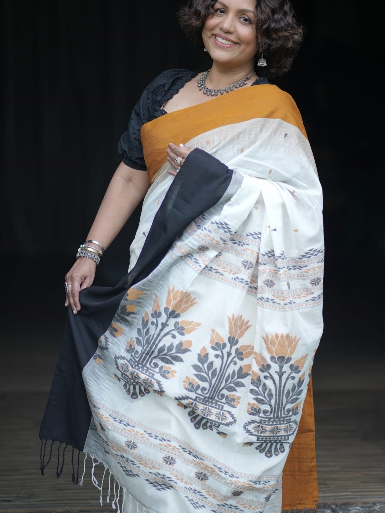 Premium khadi mustard and black cotton saree-S112